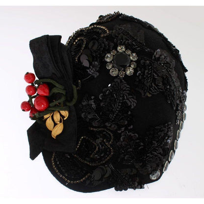 Dolce & Gabbana Black Crystal Gold Cherries Brooch Hat Cap