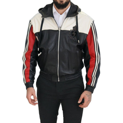 Dolce & Gabbana Black Leather Hooded Blouson Coat Jacket