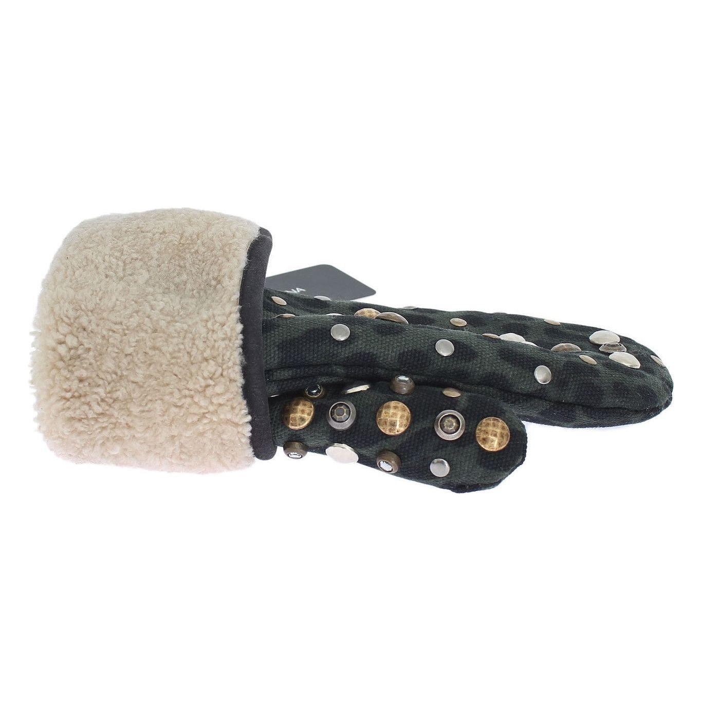 Dolce & Gabbana Gray Wool Shearling Studded Green Leopard Gloves