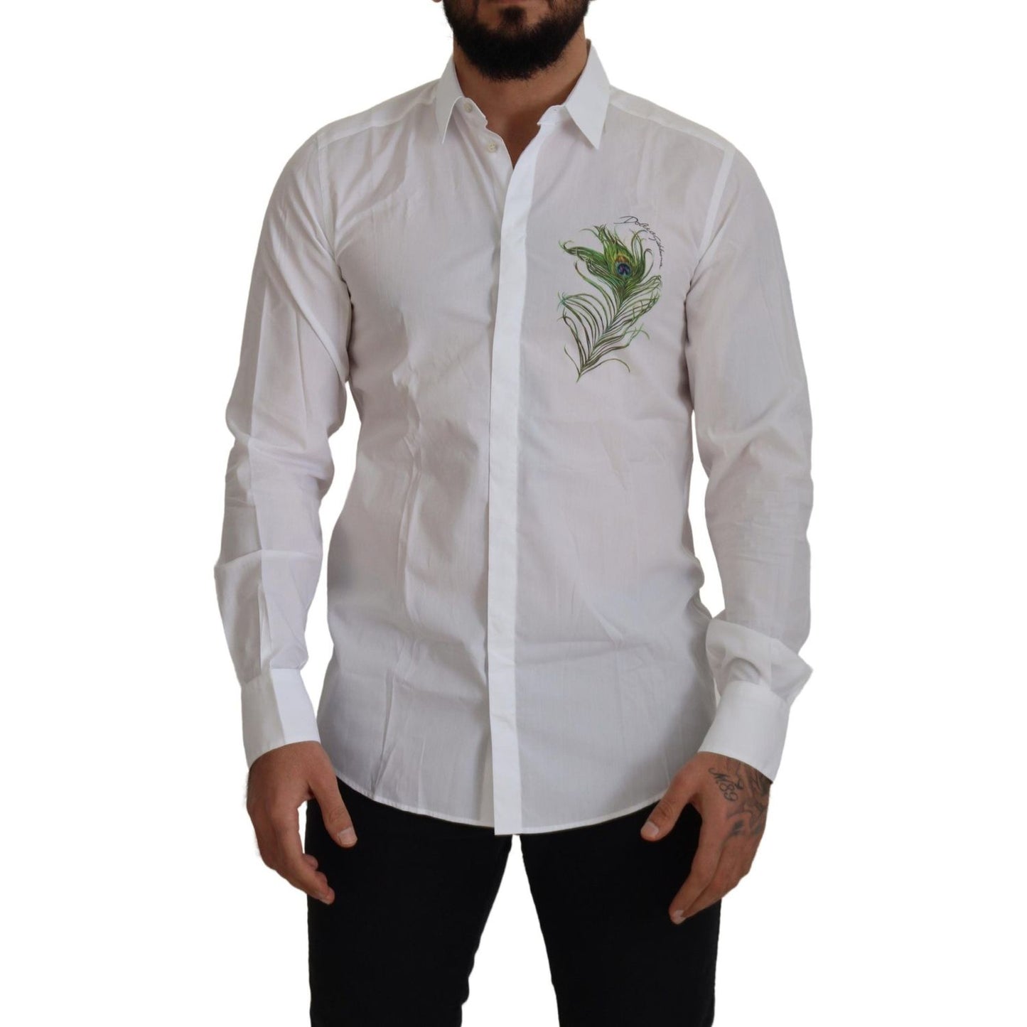 Dolce & Gabbana White Cotton Peacock Feather Formal GOLD Shirt