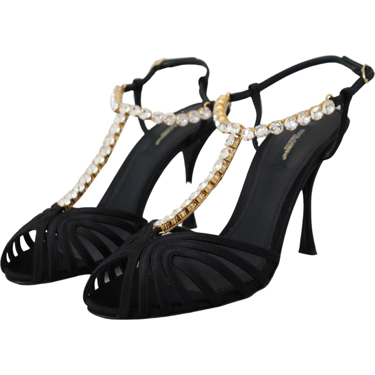 Dolce & Gabbana Black Satin Clear Crystal T-strap Sandal Shoes