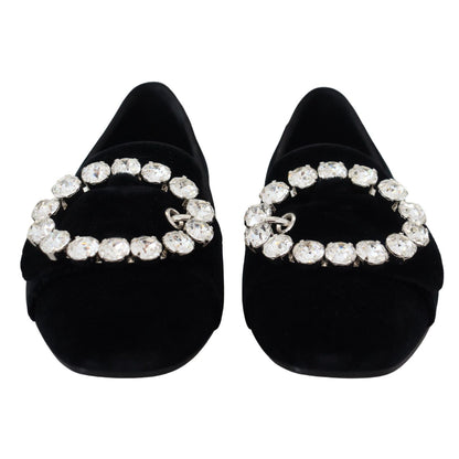 Dolce & Gabbana Black Velvet Crystals Loafers Flats Shoes