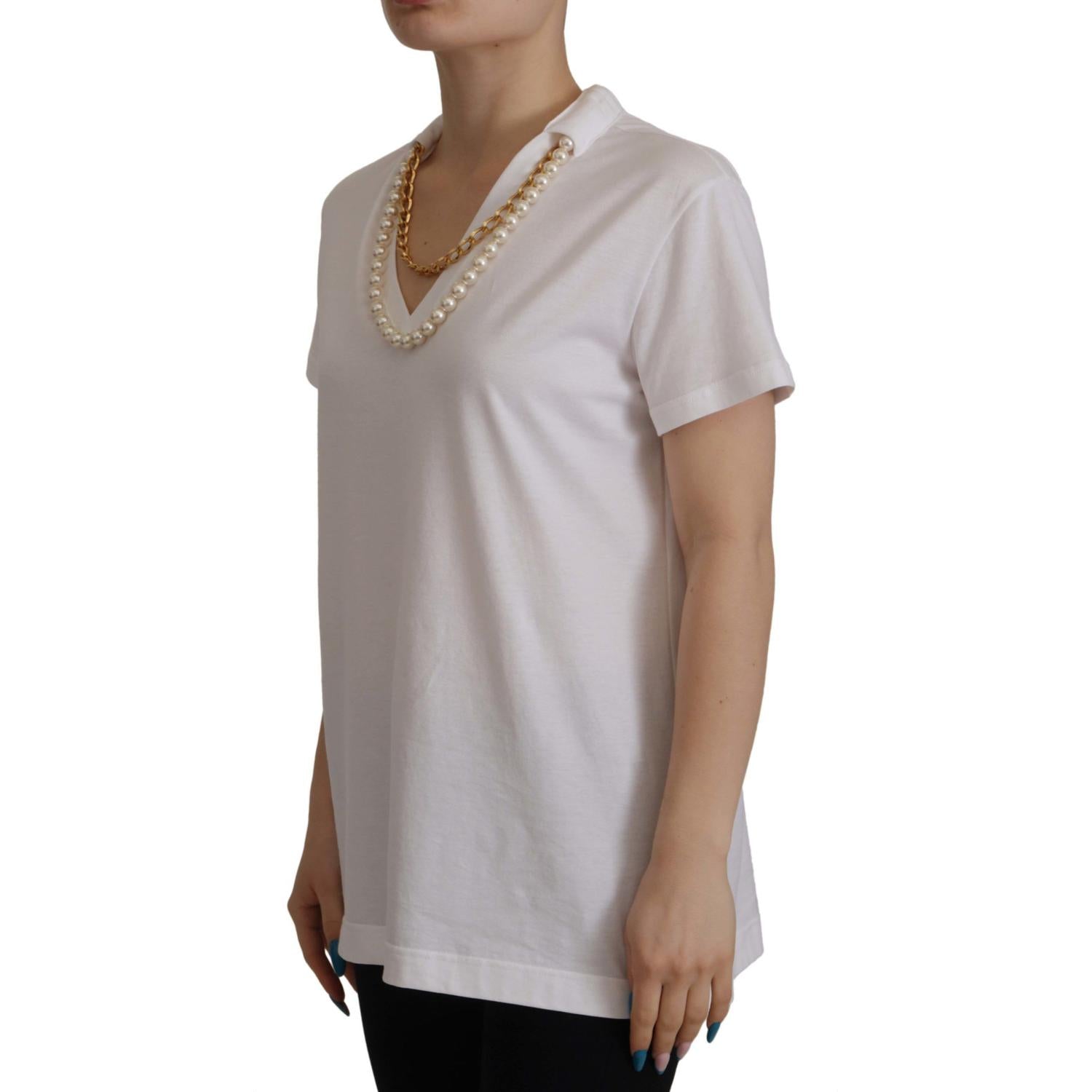 Dolce & Gabbana White Necklace Embellished Neckline T-shirt Top