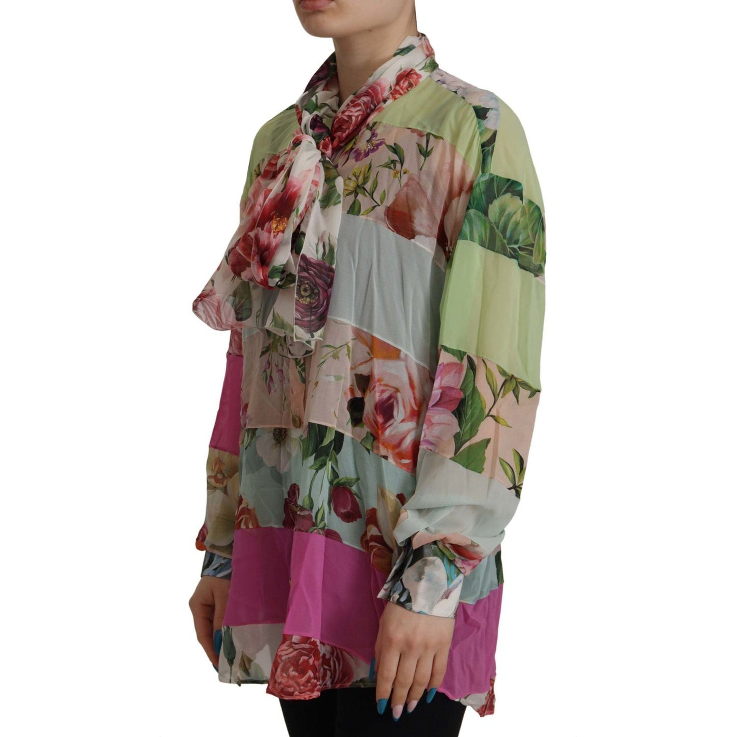 Dolce & Gabbana Multicolor Floral Patchwork Design Ascot Collar Top Blouse