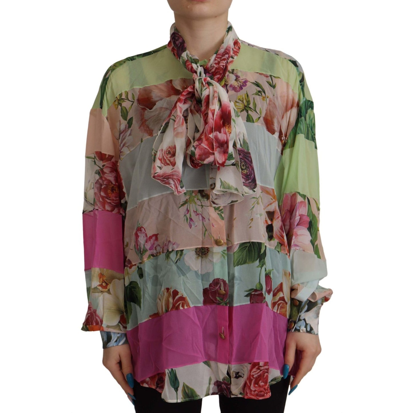 Dolce & Gabbana Multicolor Floral Patchwork Design Ascot Collar Top Blouse