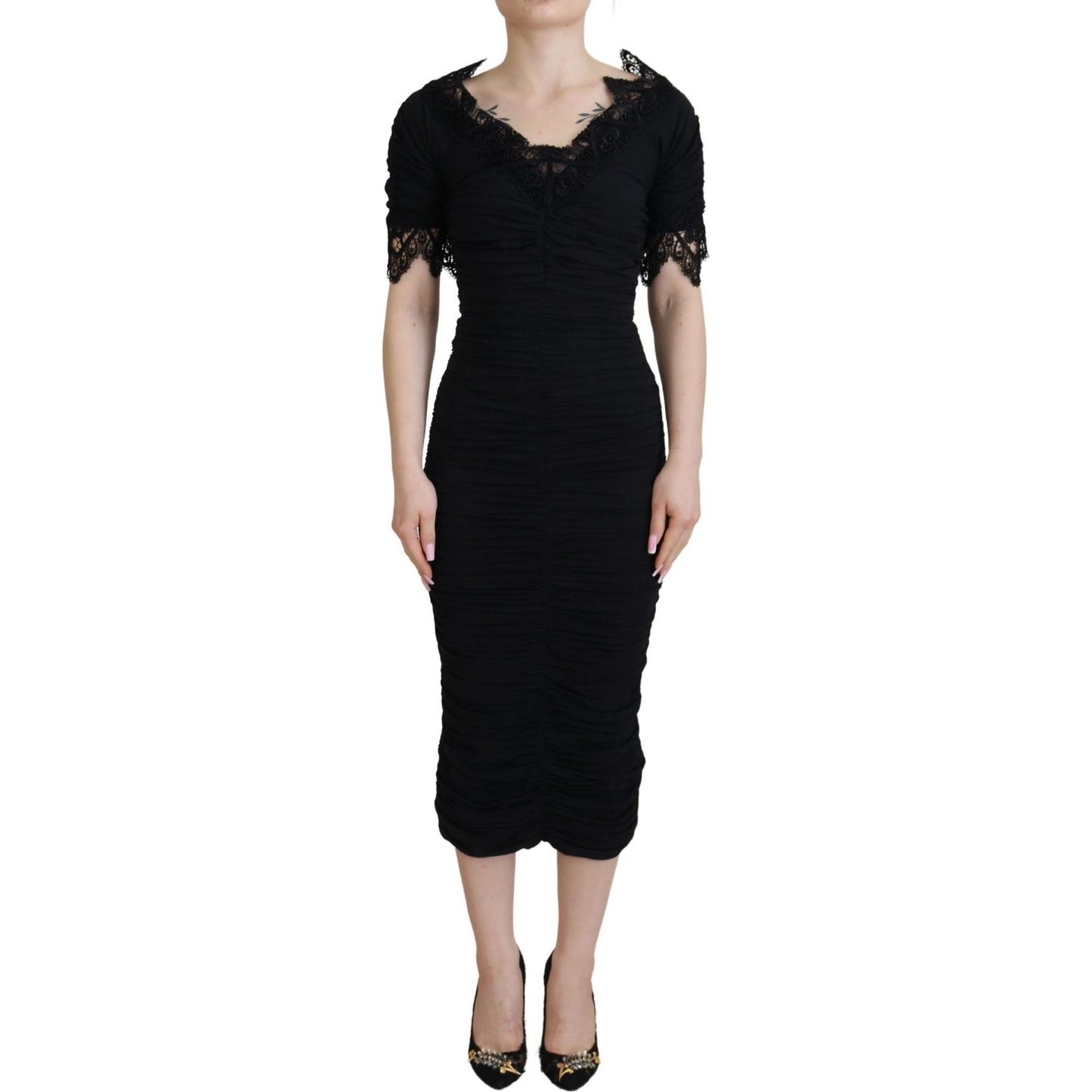 Dolce & Gabbana Black Sheath Midi Bodycon Lace Silk Dress