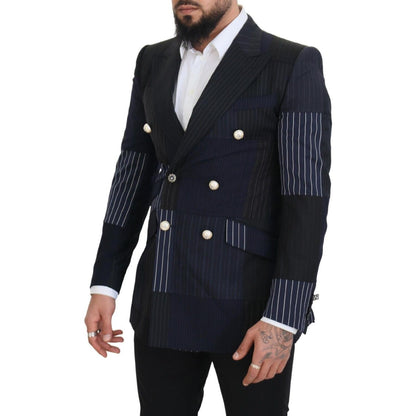 Dolce & Gabbana Blue Wool Patchwork Double Breasted Blazer