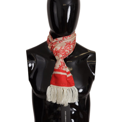 Dolce & Gabbana White Red Coral Print Shawl Wrap Fringe Scarf