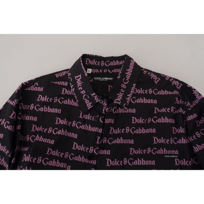 Dolce & Gabbana Black Purple Logo Slim Dress Formal Shirt