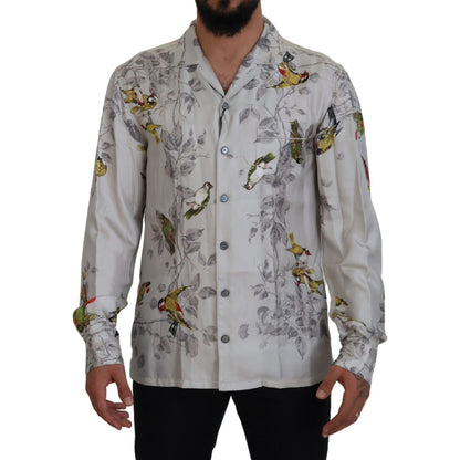 Dolce & Gabbana White Bird Print Silk Satin Casual Shirt