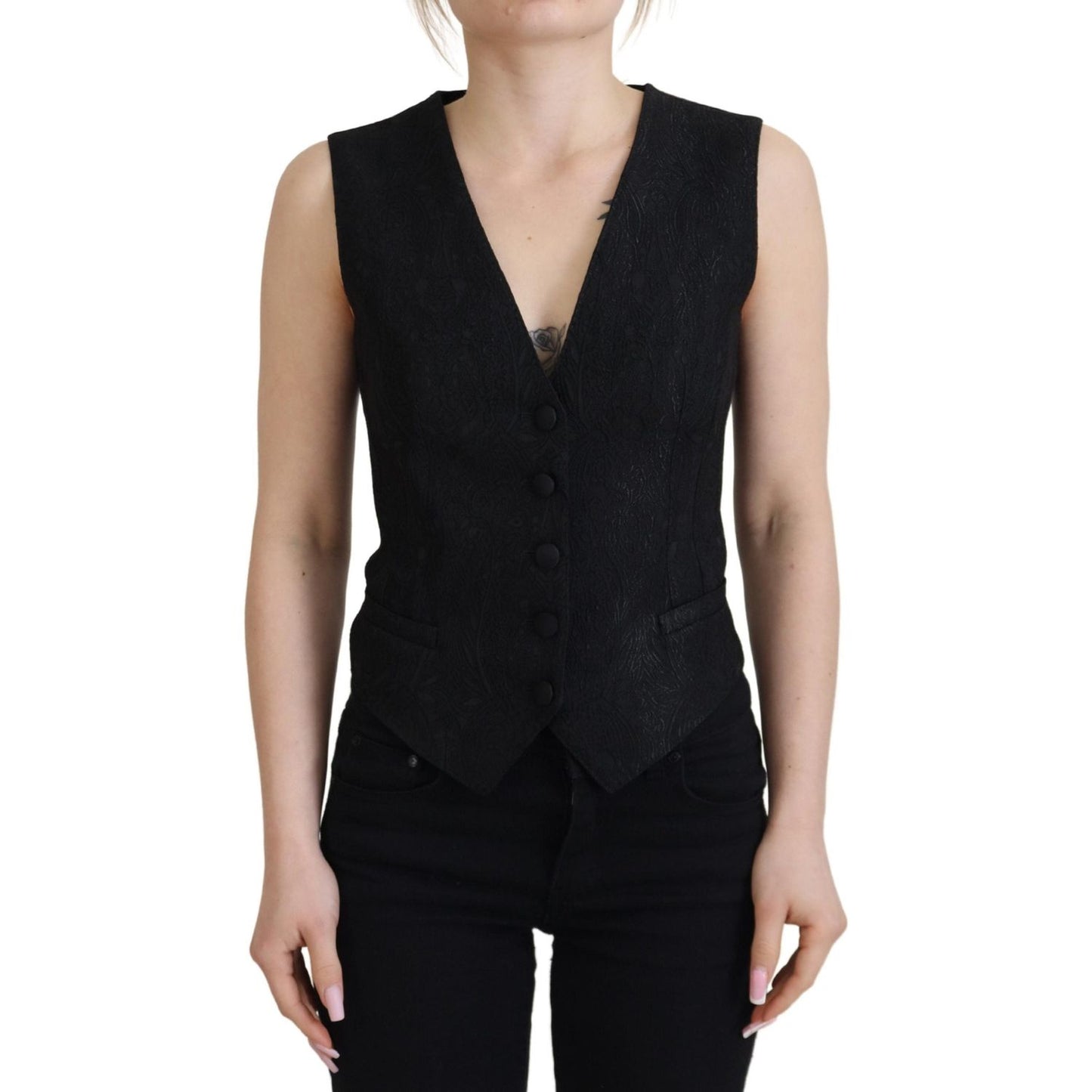 Dolce & Gabbana Black Brocade Button Down Sleeveless Vest Top