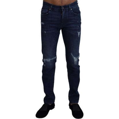 Dolce & Gabbana Blue Cotton Skinny Tattered Denim Jeans