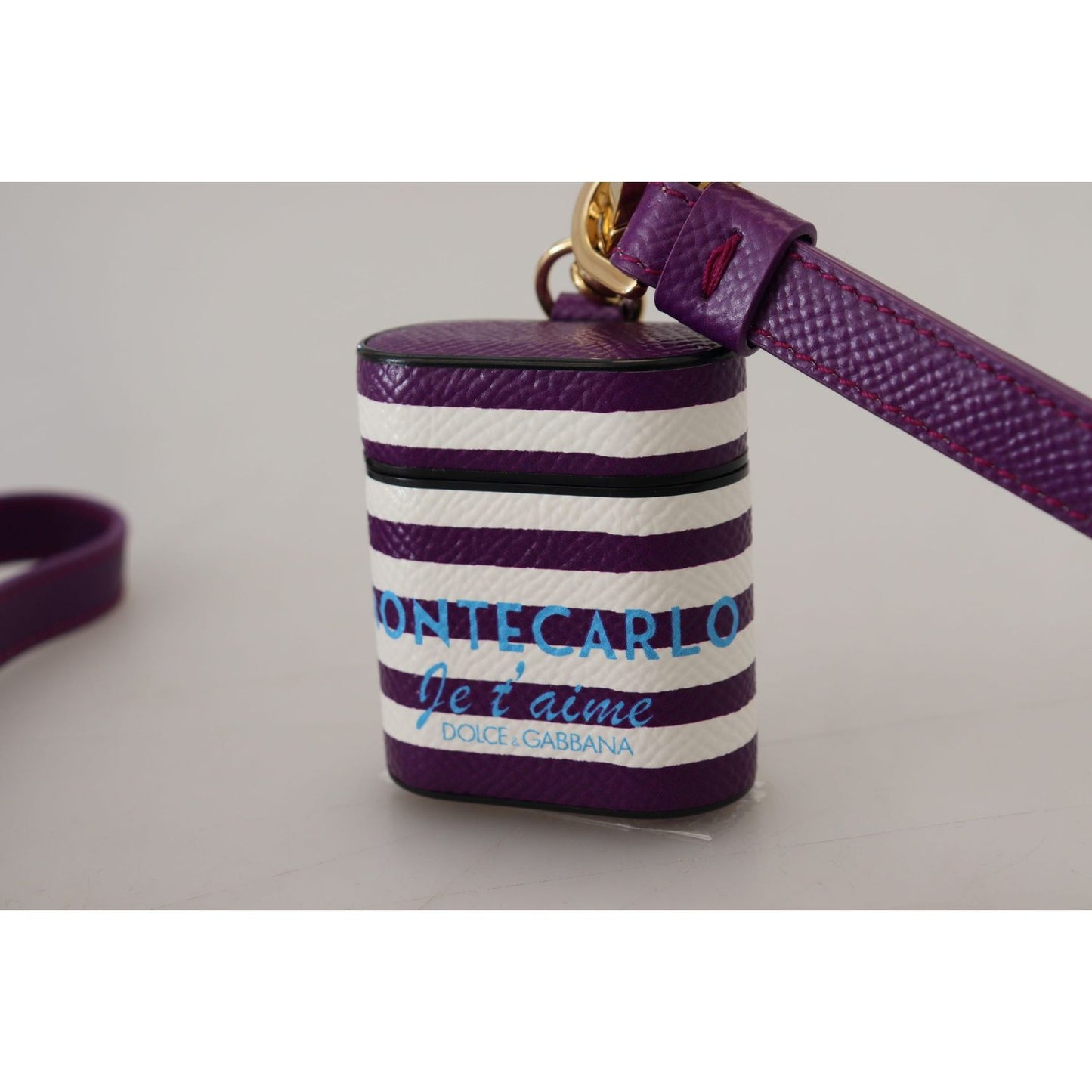 Dolce & Gabbana Purple Leather Strap Gold Metal Logo Airpods Case