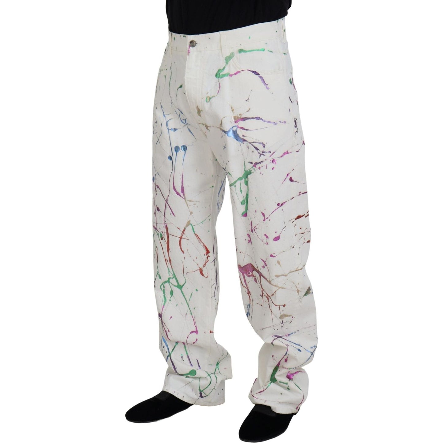 Dolce & Gabbana White Cotton Color Splash Print Denim Pants