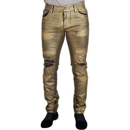 Dolce & Gabbana Gold Cotton Tattered Skinny Men Denim Jeans