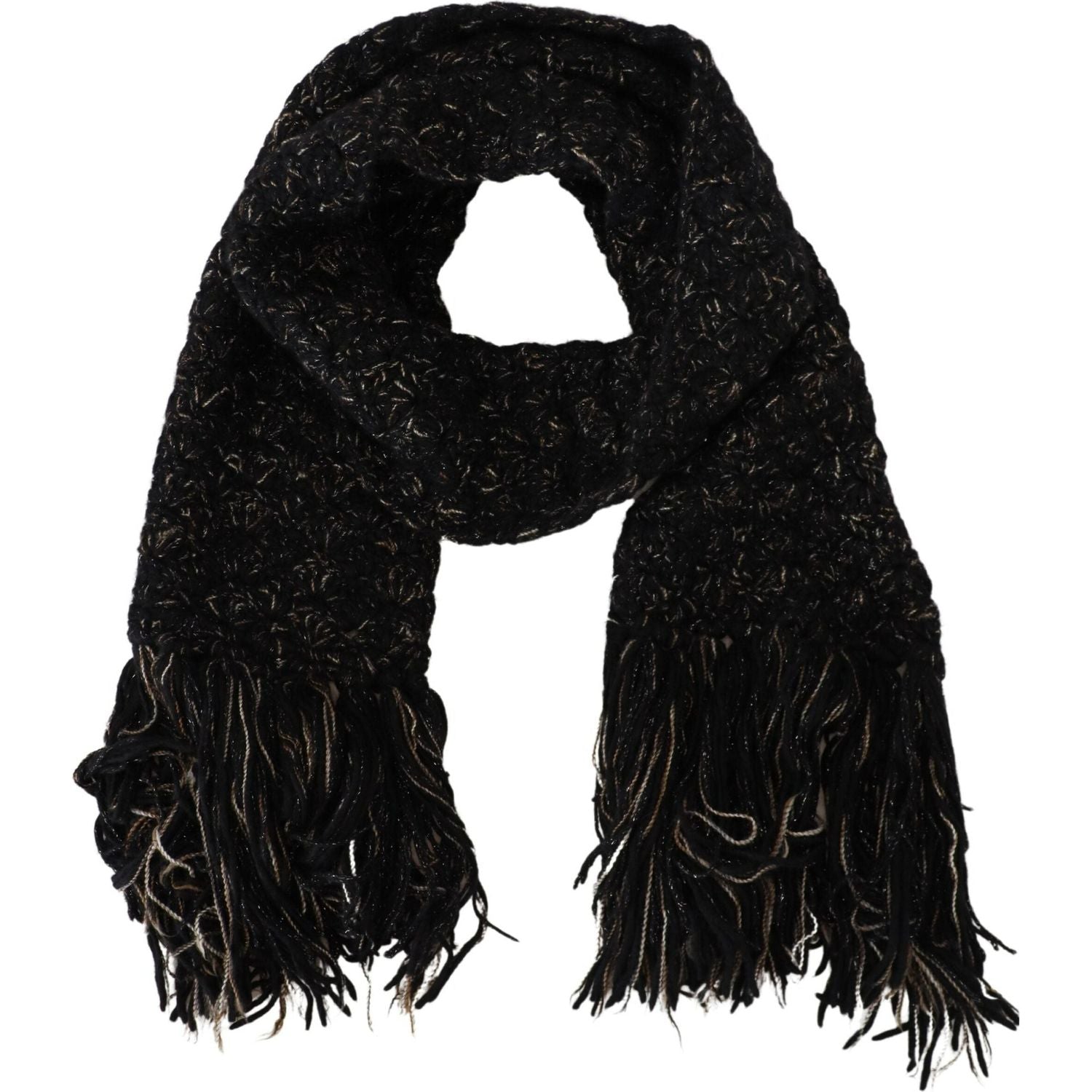 Dolce & Gabbana Black Wool Knitted Wrap Foulard Fringe Scarf