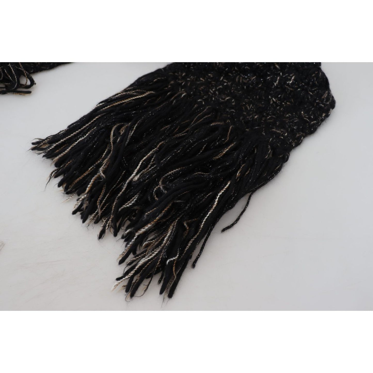 Dolce & Gabbana Black Wool Knitted Wrap Foulard Fringe Scarf