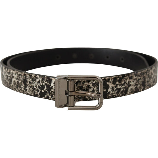 Dolce & Gabbana Black Marble Print Leather Silver Logo Buckle Belt