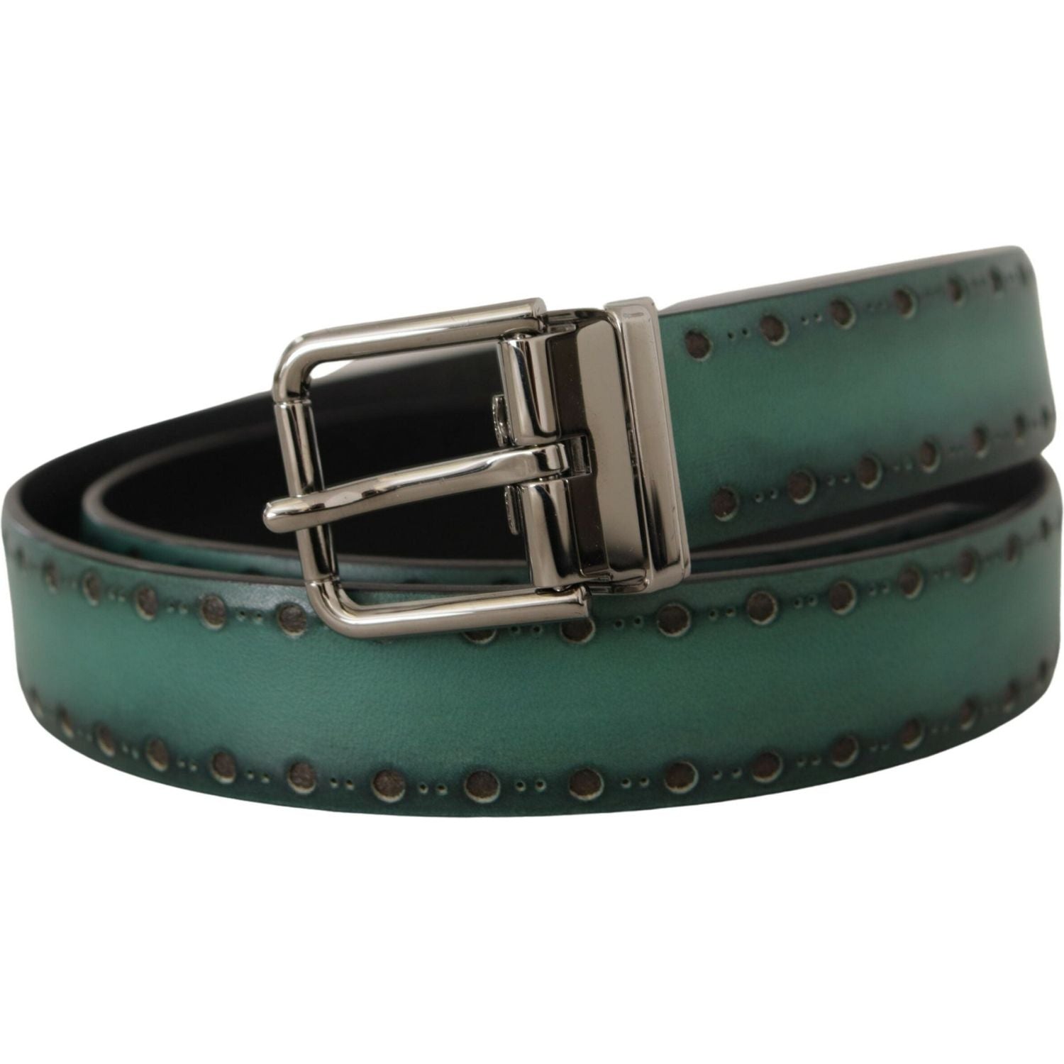 Dolce & Gabbana Green Giotto Leather Silver Metal Buckle Belt