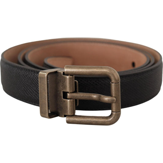 Dolce & Gabbana Elegant Black Leather Belt with Vintage Metal Buckle Dolce & Gabbana Dark Olive Green