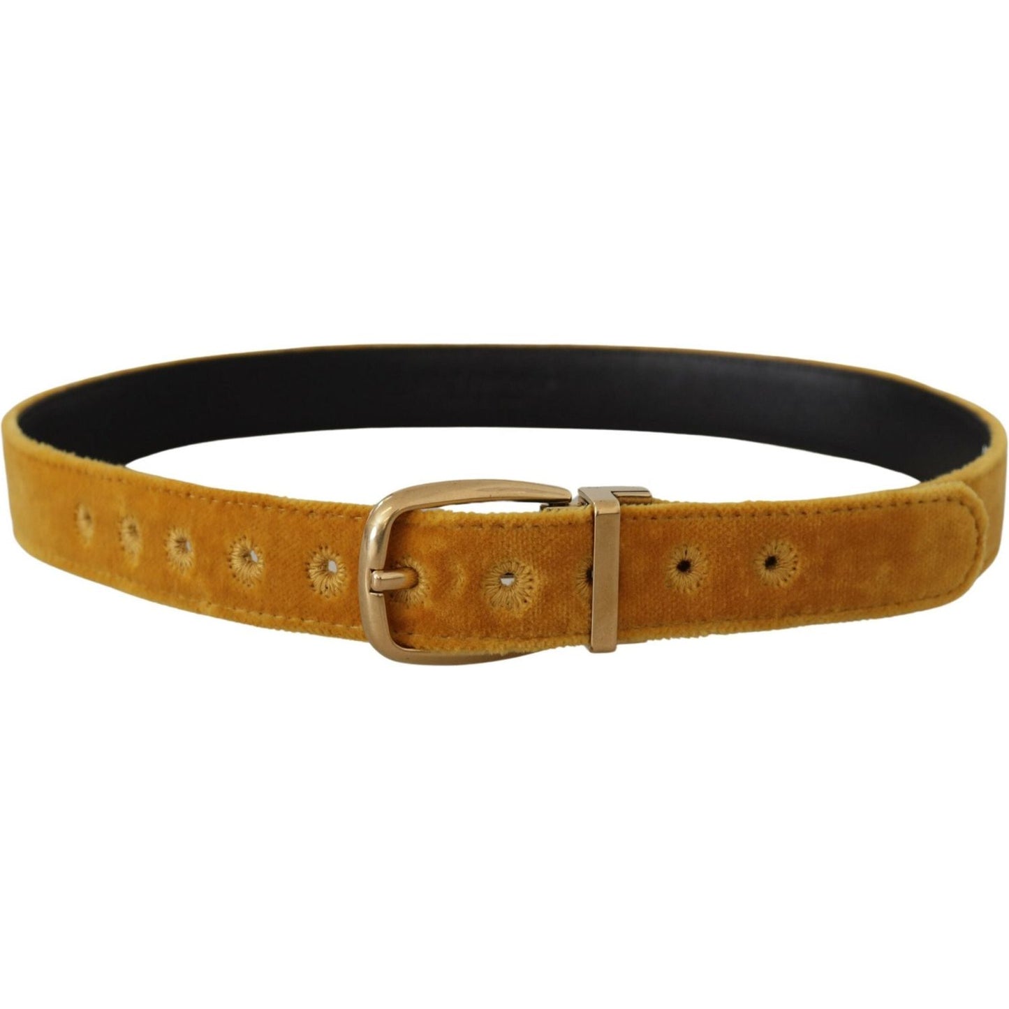 Dolce & Gabbana Mustard Velvet Gold Logo Engraved Metal Buckle Belt