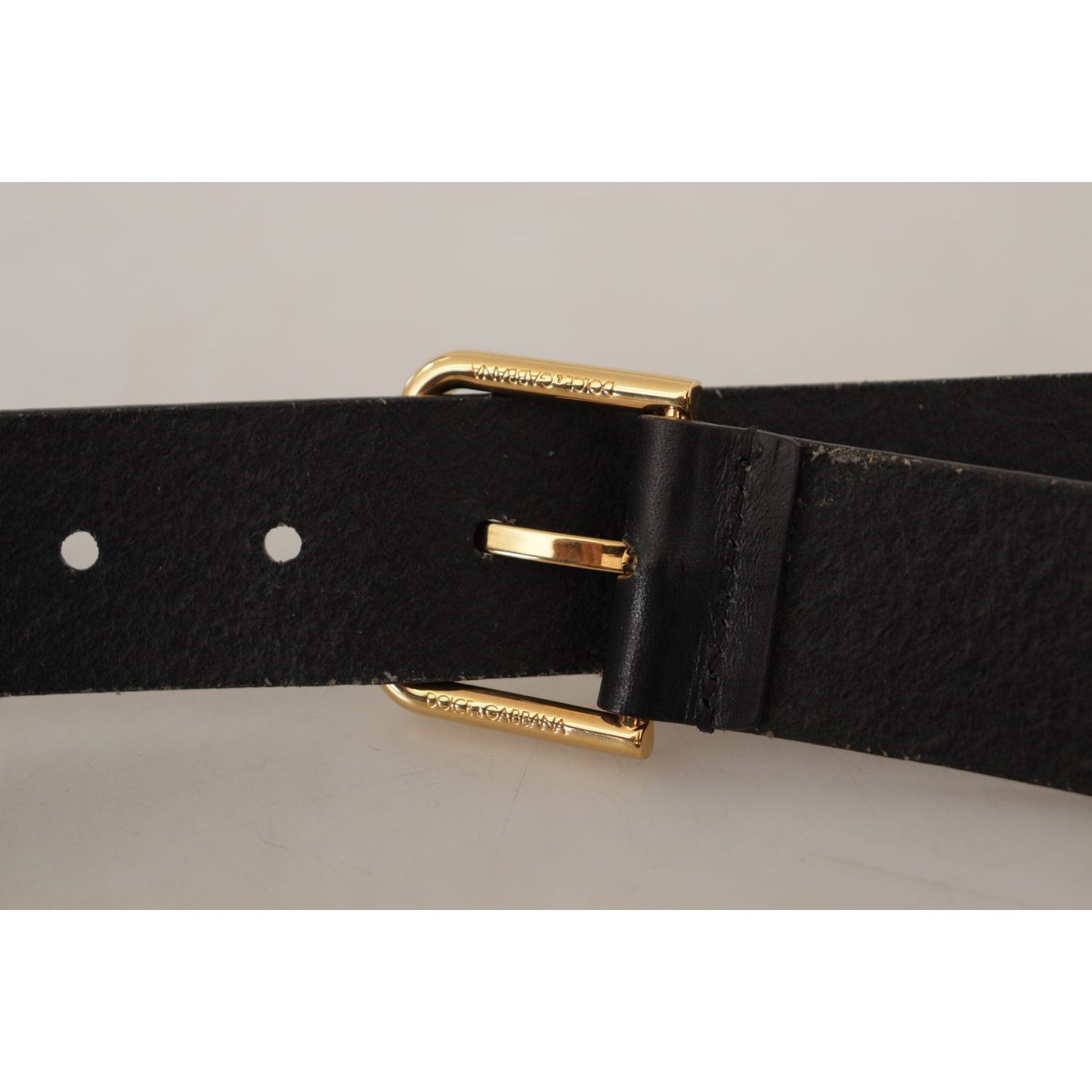 Dolce & Gabbana Black Calf Leather Gold Tone Logo Metal Buckle Belt