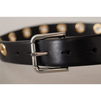 Dolce & Gabbana Black Leather Eyelet Silver Tone Metal Buckle Belt