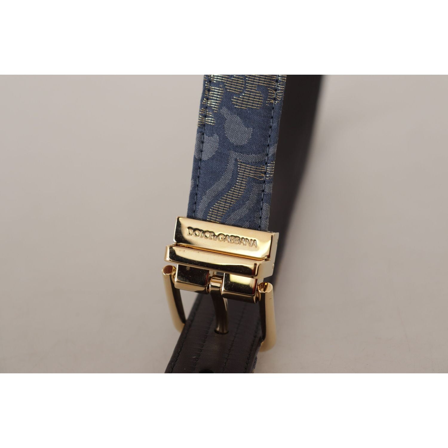 Dolce & Gabbana Navy Blue Jacquard Gold Tone Logo Metal Buckle Belt