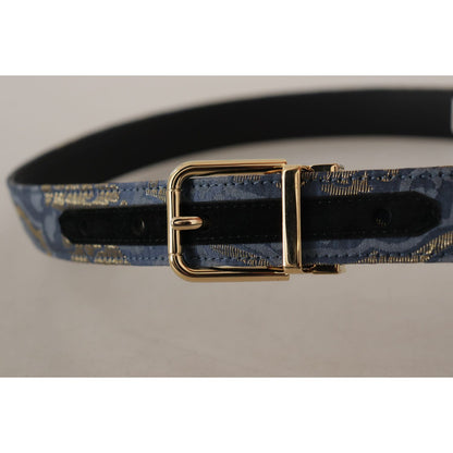 Dolce & Gabbana Navy Blue Jacquard Gold Tone Logo Metal Buckle Belt