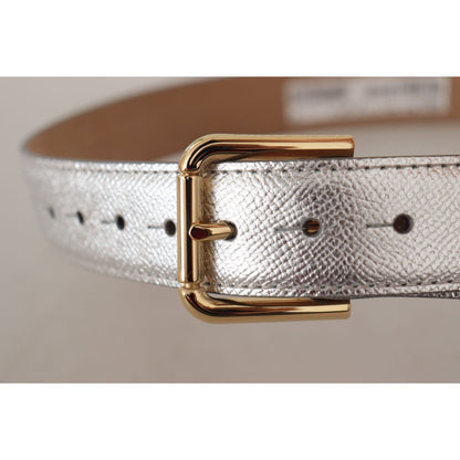 Dolce & Gabbana Silver Leather Gold Tone Logo Metal Waist Buckle Belt