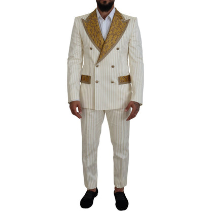 Dolce & Gabbana Off White Gold Striped Tuxedo Slim Fit Suit