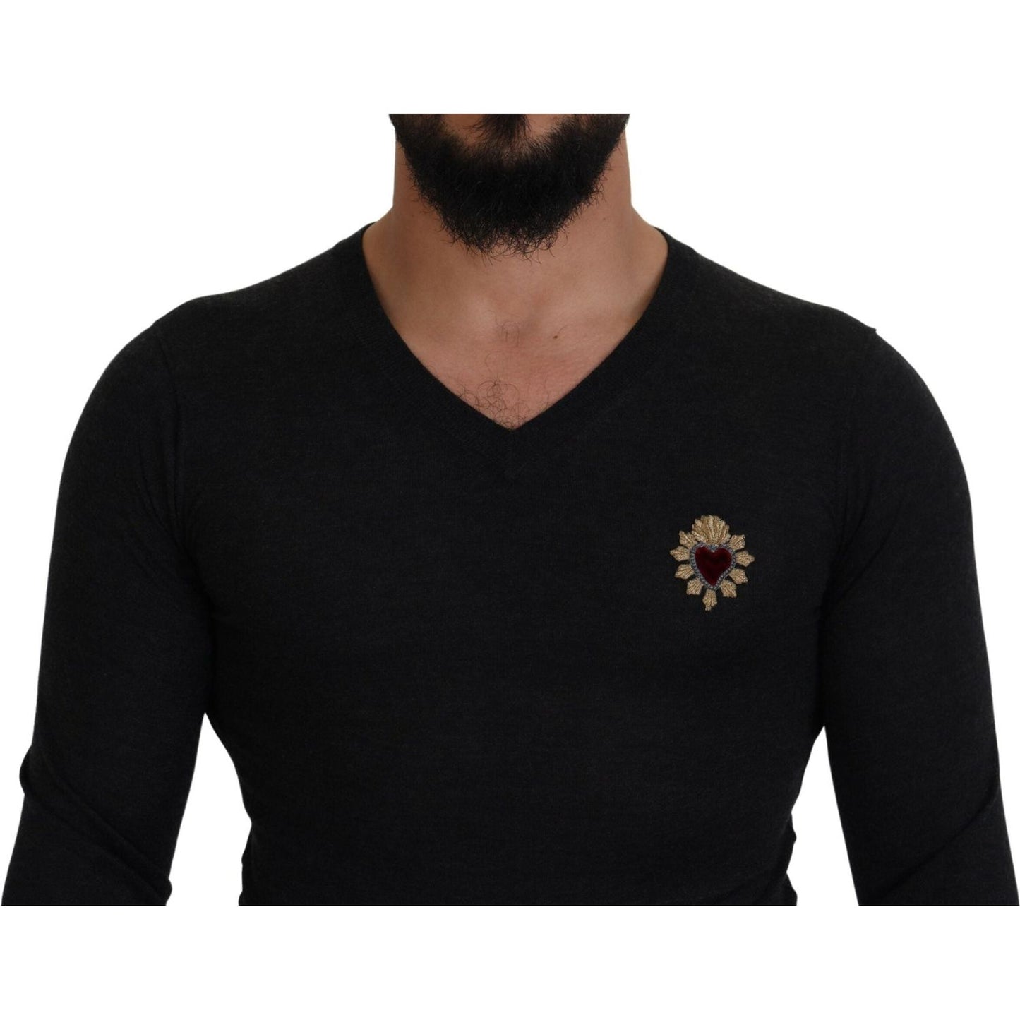 Dolce & Gabbana Gray Cashmere V-neck Gold Heart Sweater