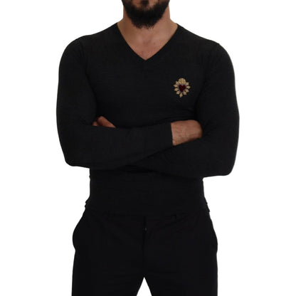 Dolce & Gabbana Gray Cashmere V-neck Gold Heart Sweater