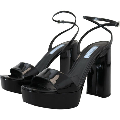 Prada Black Patent Sandals Ankle Strap Heels Leather
