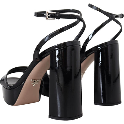 Prada Black Patent Sandals Ankle Strap Heels Leather