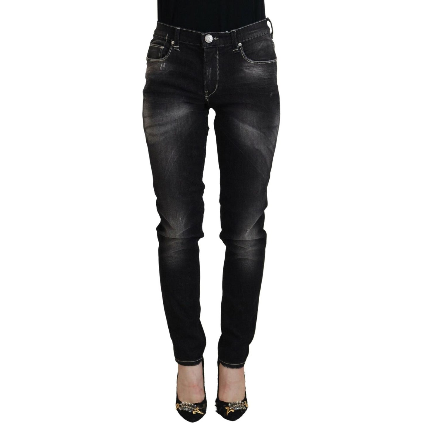 Acht Black Washed Mid Waist Tapered Women Casual Denim Jeans