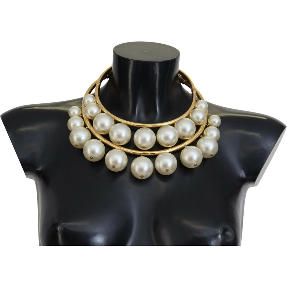 Dolce & Gabbana White Faux Pearl Embellished Brass Choker Necklace SMY101066