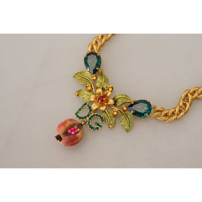 Dolce & Gabbana Gold Brass Crystal Logo Fruit Floral Statement Necklace Necklace