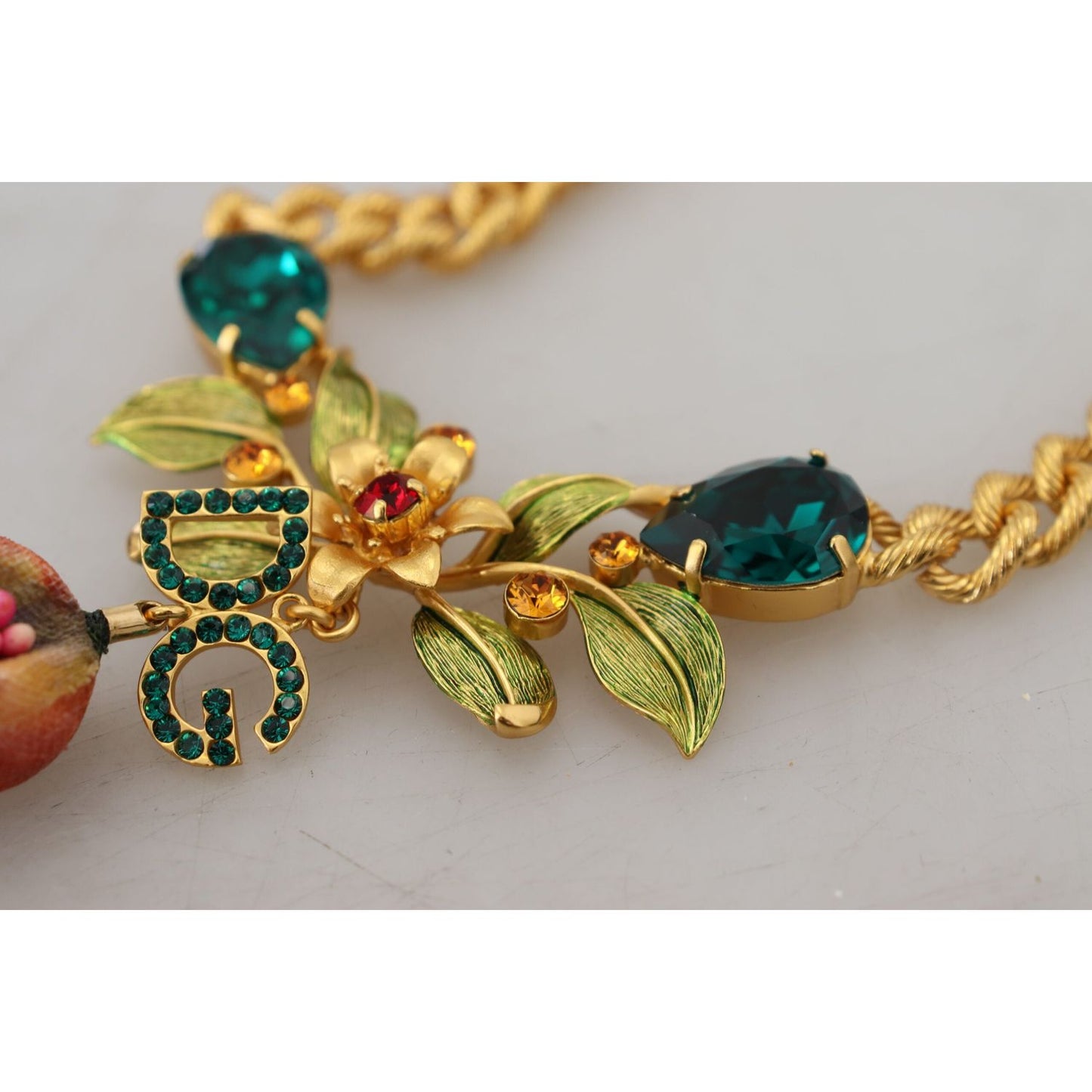 Dolce & Gabbana Gold Brass Crystal Logo Fruit Floral Statement Necklace Necklace