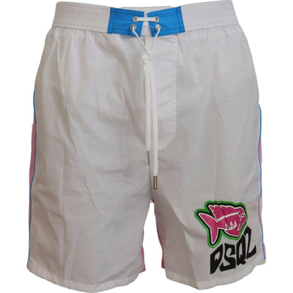 Dsquared² White Pink Logo Print Men Beachwear Shorts Swimwear
