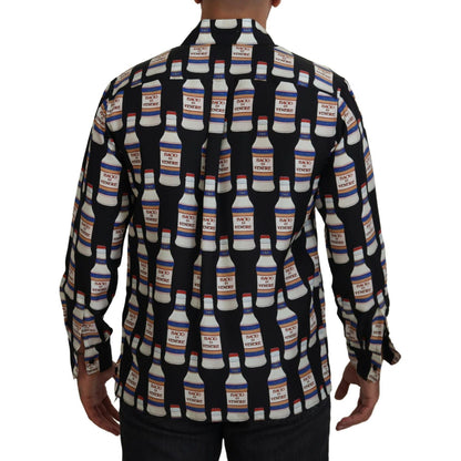 Dolce & Gabbana Black Silk Printed Collared Men Casual Shirt