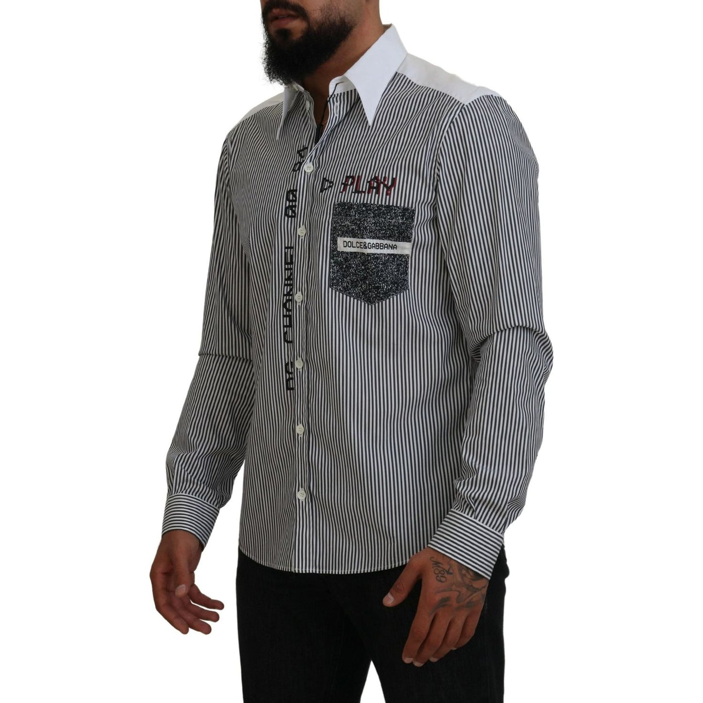 Dolce & Gabbana Black White Striped Printed Casual Cotton Shirt