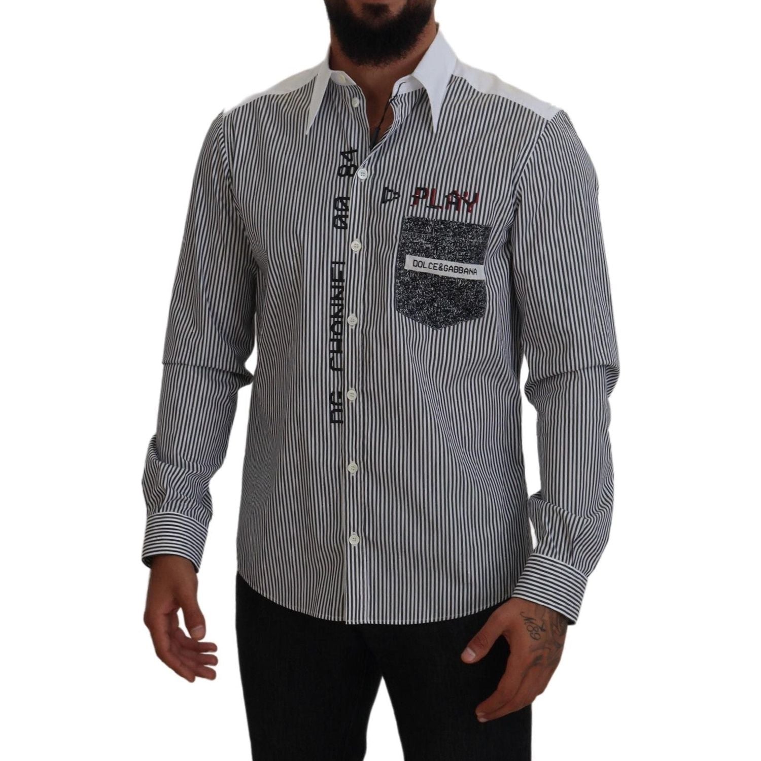 قميص دولتشي آند غابانا الكلاسيكي المخطط باللونين الأسود والأبيض بأزرار