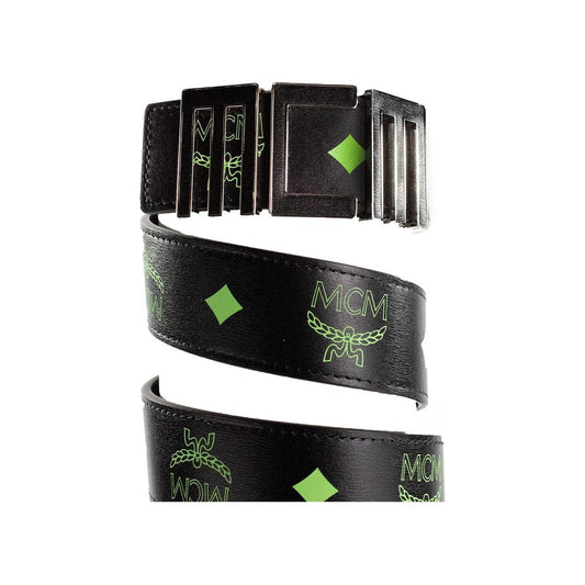 MCM Claus Mens Summer Green Smooth Visetos Logo Leather Numeric Buckle Belt MCM Black