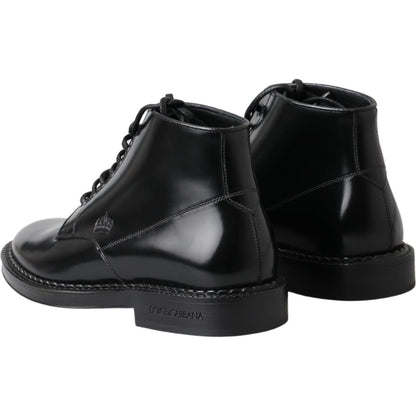 Dolce & Gabbana Black Leather Men Short Boots Lace Up Shoes