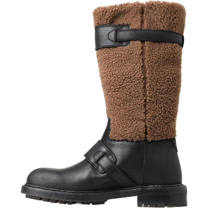 Dolce & Gabbana Black Leather Brown Shearling Boots