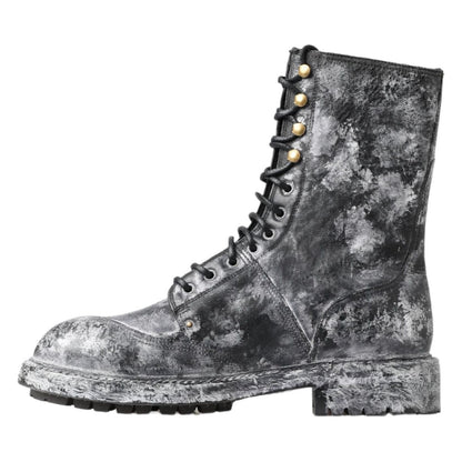 Dolce & Gabbana Black Gray Leather Mid Calf Boots Shoes