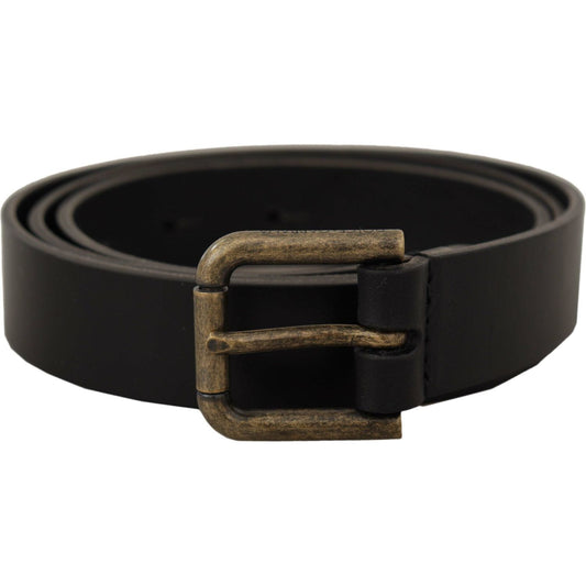 Dolce & Gabbana Black Calf Leather Logo Brass Metal Buckle Belt