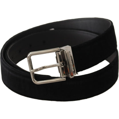 Dolce & Gabbana Black Velvet Silver Logo Engraved Metal Buckle Belt