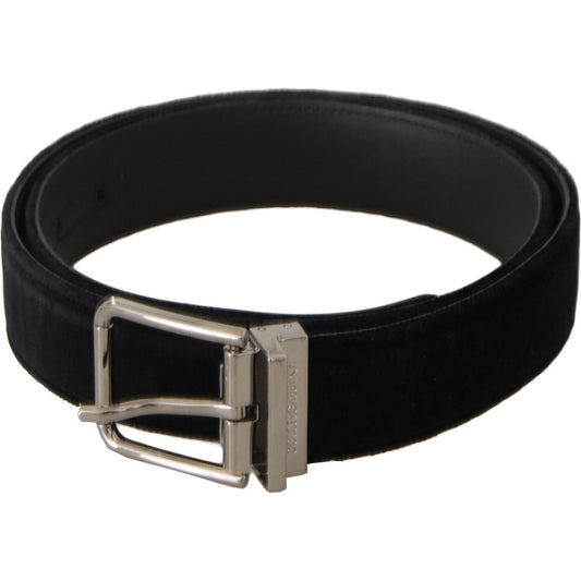 Dolce & Gabbana Black Velvet Silver Logo Engraved Metal Buckle Belt